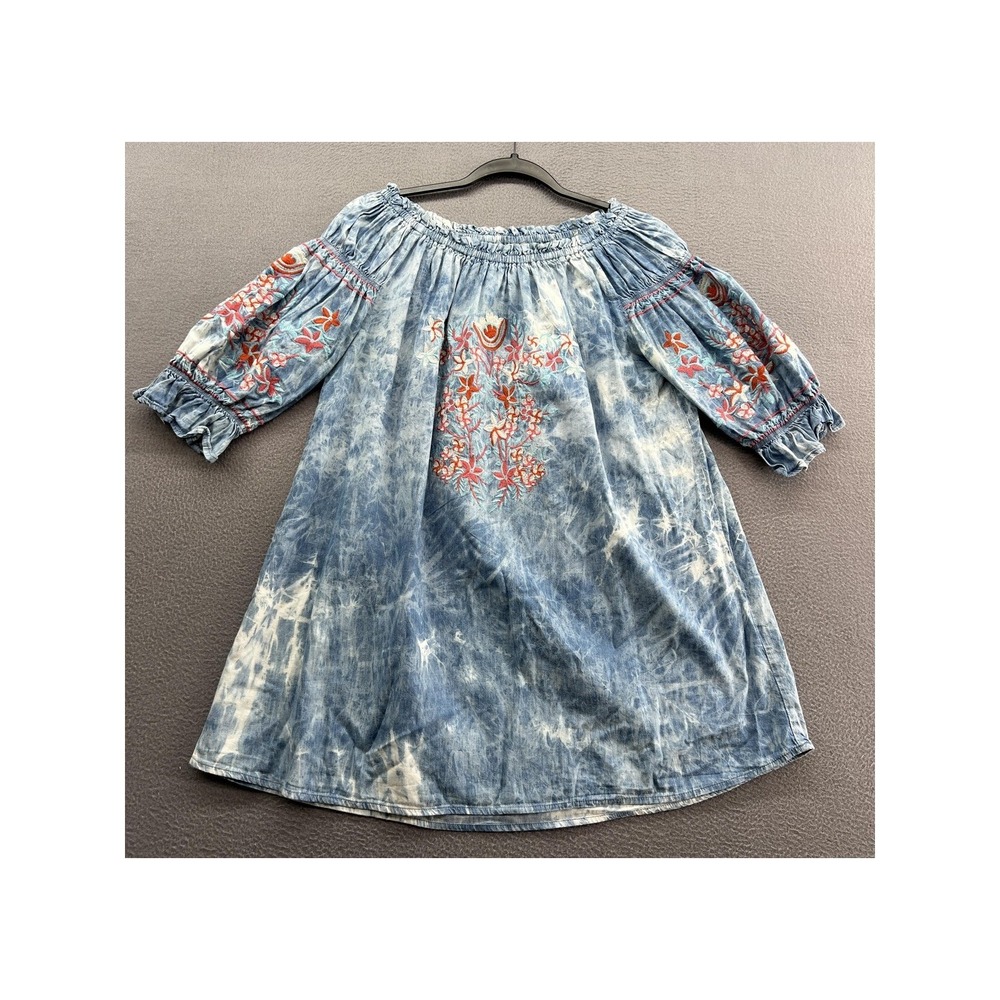 Monoreno Dress Womens M Blue Tie Dye Embroidered Boho Off Shoulder Peasant